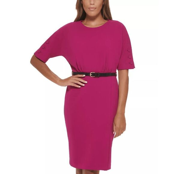 Calvin Klein Women's Petite Belted Button-Sleeve Sheath Dress - Pink 6P - Picture 1 of 8